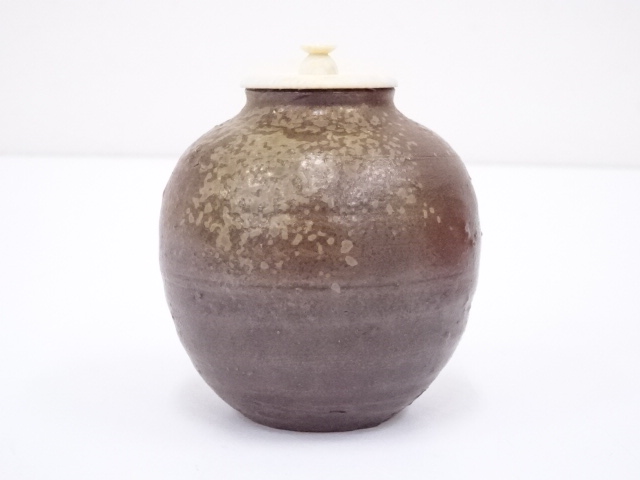 茶道具　備前焼　木村陶峰造　胡麻焼　大海茶入　仕覆付　共箱　V　6841 ☆茶道具！備前 胡麻焼 大海 茶入！松寿宝尽！『木村 陶峰』造！共箱